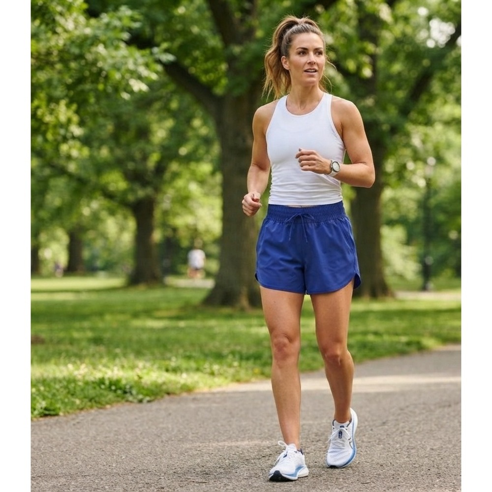 Lands End Womens Smocked Waist Active Shorts Blue L 14-16 Lined Running Gym